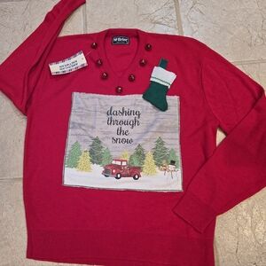 Upcycled Mens Christmas Sweater Red V Neck Sz L Old Truck Trees Bells